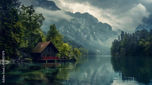 Picturesque Cabin Nestled in Serene Lakeside Forest with Majestic Mountain Backdrop and Dramatic Atmospheric Conditions