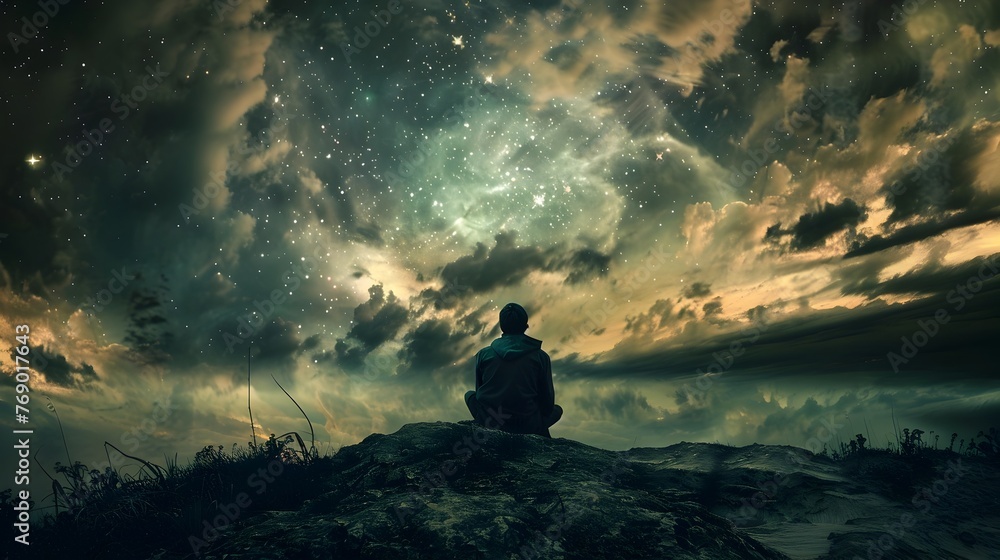 Solitary Figure Gazing at Awe-Inspiring Cosmic Landscape under Starry Night Sky