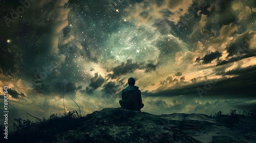 Solitary Figure Gazing at Awe-Inspiring Cosmic Landscape under Starry Night Sky © Mickey