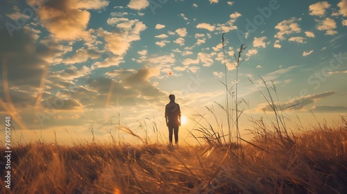 Solitary Figure Silhouetted Against Stunning Sunset Landscape with Dramatic Clouds and Horizon