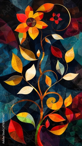 Dynamic and stylish contemporary wall art featuring a modern abstract floral vine motif in bold  bright colors