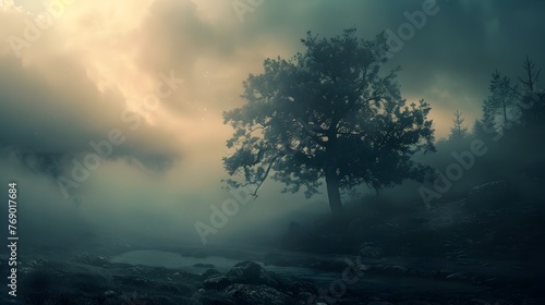 Solitary Tree in Misty Autumn Landscape,Mystical and Atmospheric Scenic View of Countryside