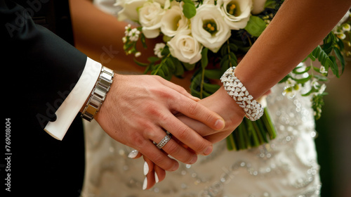 A newlywed couple holds hands showcasing wedding rings and a bracelet. photo