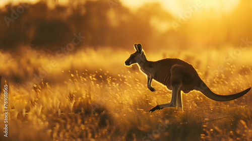 Agile kangaroo bounding effortlessly across sun-drenched Australian outback