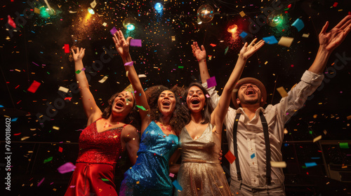 Four friends are celebrating with arms raised amidst a shower of confetti.