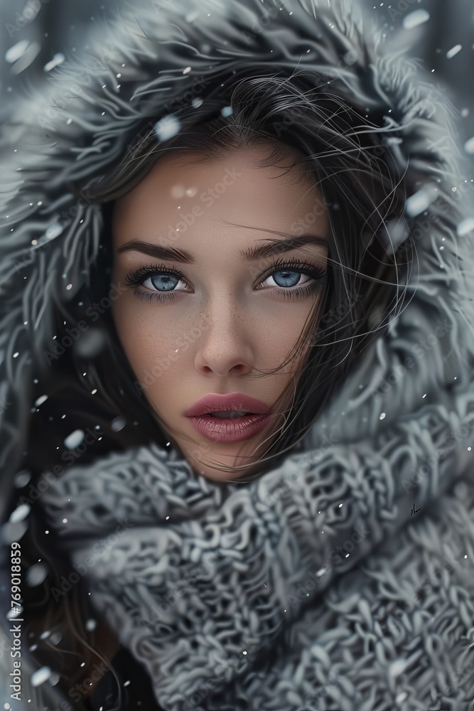 Winter's Embrace: Portrait of a Beautiful Dark-Haired Blue-Eyed Woman in Snowfall. Generative AI.. Winter's Embrace: Portrait of a Beautiful Dark-Haired Blue-Eyed Woman in Snowfall. Generative AI..