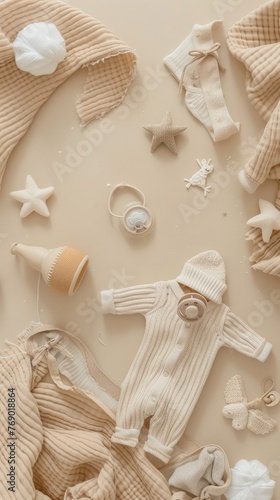 Flat lay with newborn baby beige sleep accessories with pacifier over beige background, pastel colors, pajamas and toys, template copy space in center. Content for products for children. Vertical