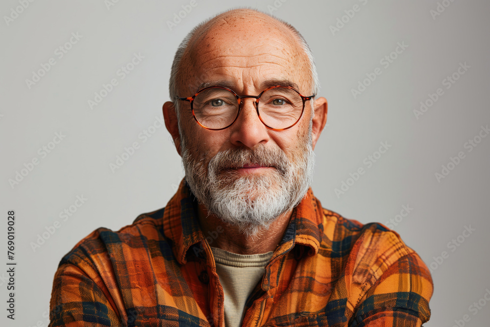 Obraz premium portrait of smiling senior man wearing eyeglasses on a solid gray background