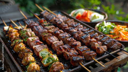 Skewered meats and vegetables on grill.