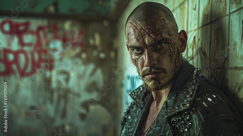 Bald tattooed man in a dystopian setting © SashaMagic
