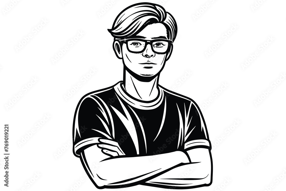 Portrait of a handsome young man in glasses and a turquoise t-shirt with his arms crossed line art vector illustration