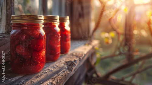 Three jars of preserved strawberries on a wooden surface