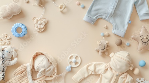 Flat lay with newborn baby beige sleep accessories with pacifier over beige background, pastel colors, pajamas and toys, template copy space in center. Content banner for products for children.