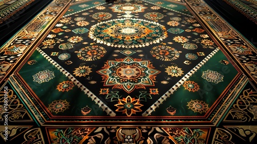 design Persian carpet design with symmetrical patterns, rich colors, and ornate borders on black background