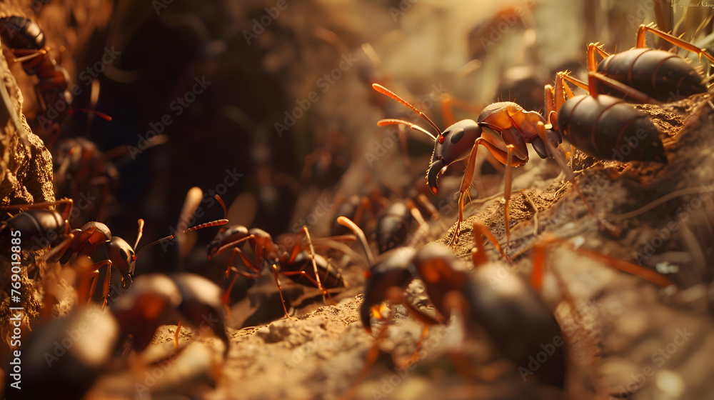 Busy ant colony working together in intricate underground tunnels Busy ant colony working together in intricate underground tunnels