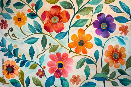 Whimsical floral and vine background, playful and colorful, for children's room wallpaper, hand-drawn and cheerful