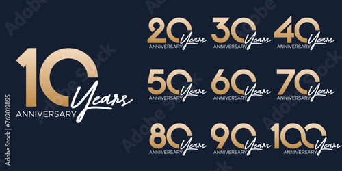 collection of 10 to 100th anniversary logotype design, with golden color for celebration event, wedding, greeting card, and invitation, vector illustration photo
