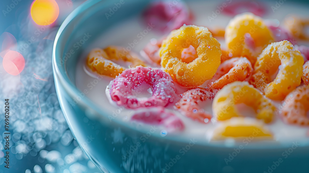 Fruity cereal loops in a bowl with milk Fruity cereal loops in a bowl with milk