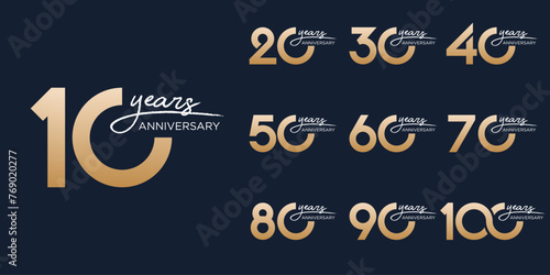 collection of 10 to 100th anniversary logotype design, with golden color for celebration event, wedding, greeting card, and invitation, vector illustration