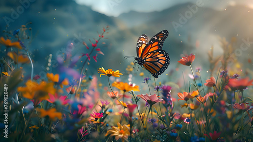 Colorful butterfly fluttering delicately among vibrant wildflowers
