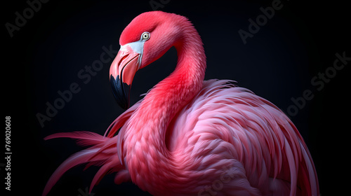 Close-up, chic pink flamingo on black background isolated