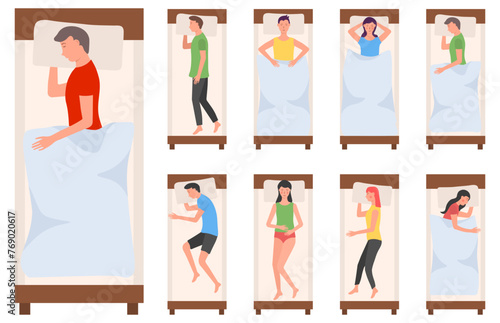 People character sleeping in beds on background. Woman and man sleeps in different poses. Sleeping tired lying person in bed wearing pajama or night posture. Vector illustration in flat cartoon style.