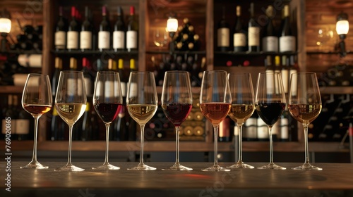 Variety of wine glasses in a row with different types of wine. Close-up studio photography. Wine tasting and collection concept.