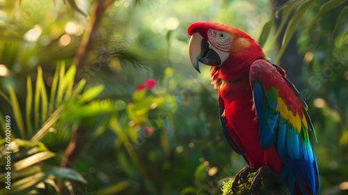 Colorful parrot perched atop a lush canopy in the Amazon rainforest
