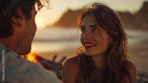 Two people by a beach campfire at sunset.