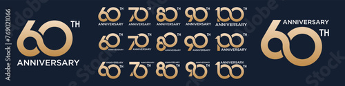 collection of 60 to 100th anniversary logotype design, with golden color for celebration event, wedding, greeting card, and invitation, vector illustration