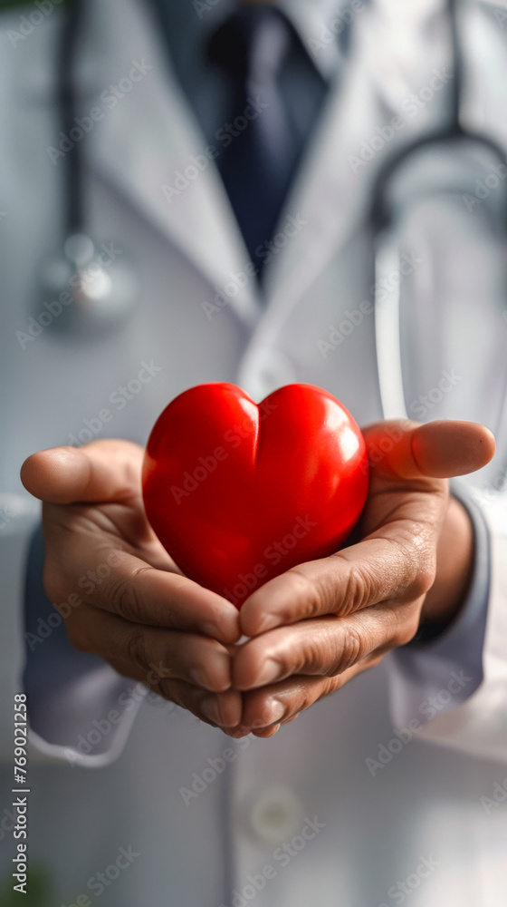 A doctor holds a heart in his hands. The heart is red and he is a symbol of love and care. The doctor's white coat and tie suggest that he is a professional in the medical field