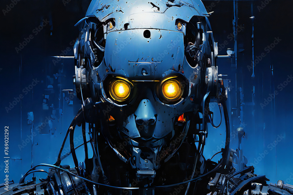 Oil painting showcasing close up view of sci-fi bizarre humanoid robot. Oil painting showcasing close up view of sci-fi bizarre humanoid robot.