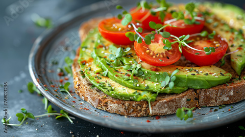 Avocado toast with tomatoes and microgreens.