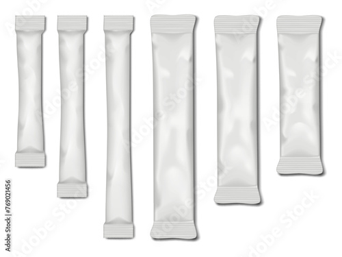 Sugar stick packet. Vector mock-up set. White blank individual pouch package for food or medical products. Realistic mockup. Template for design