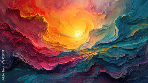 A colorful painting of a sky with a sun in the middle. The sky is filled with different shades of blue, red, and yellow, creating a vibrant and dynamic scene