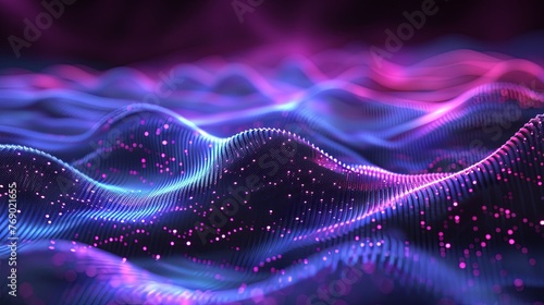 Vibrant digital landscape with wavy particle grid and light effects on purple background
