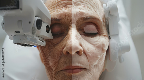 A woman's face is shown in two different ways, one with wrinkles and the other with a smooth complexion. Concept of aging and the effects it has on one's appearance. Scene is somewhat melancholic