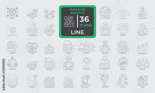 36 Line Icons for Employee Benefits set in line style. Excellent icons collection. Vector illustration.