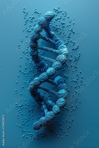 Cadena ADN espiral azul vertical, con fondo azul con textura. Ciencia biotecnología, ingeniería genética, nuevas tecnologías moleculares, concepto columna vertebral, riesgo análisis compatibilidad gen photo