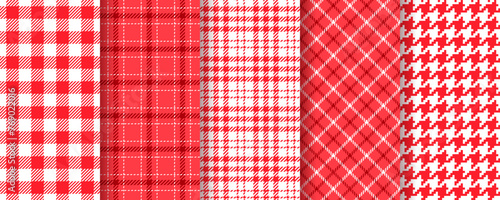 Table cloth seamless background. Gingham tartan pattern. Picnic lumberjack tablecloth. Set plaid prints. Kitchen napkin backdrop. Red cloth textile. Checkered buffalo texture. Vector illustration