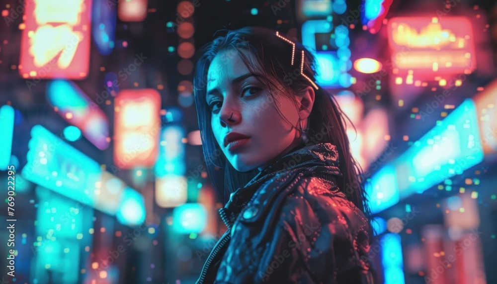 Cyberpunk woman in neon city lights Cyberpunk woman in neon city lights