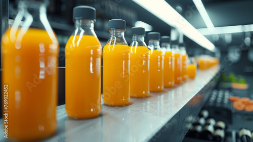 Rows of orange juice bottles on a production line.