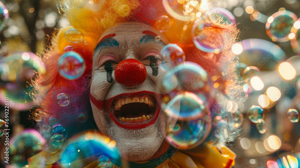 A clown surrounded by bubbles.