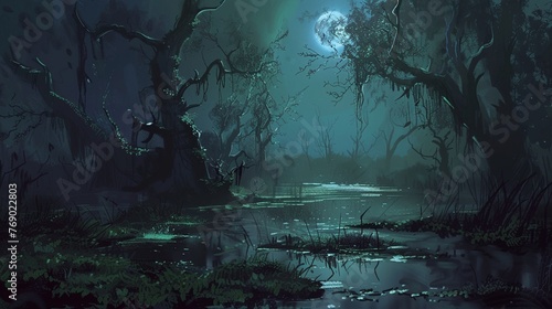 A cursed swamp haunted by vengeful spirits and cursed creatures photo