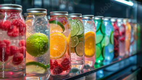 Infused water in glass jars lined up