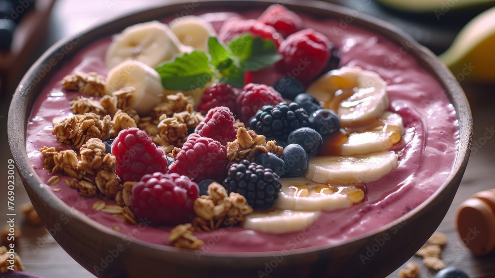 A bowl of smoothie with fruits and granola A bowl of smoothie with fruits and granola