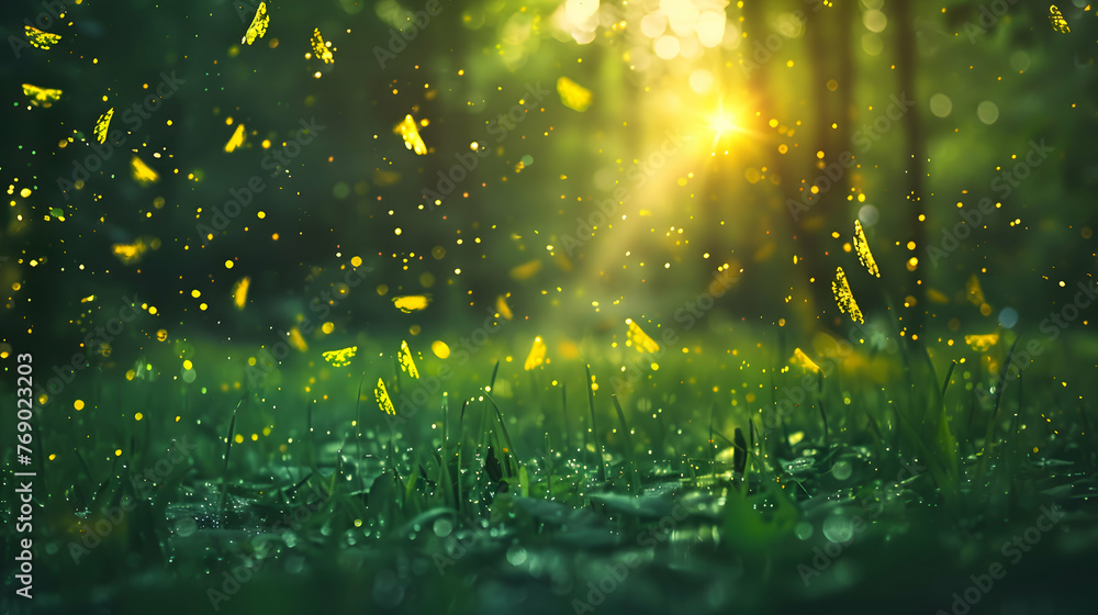 Crepuscular fireflies emerging as the day meets night - obrazy, fototapety, plakaty 