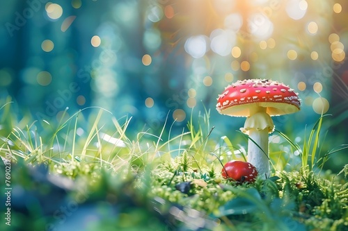 Beautiful Amanita Muscaria in the light green grass in the forest background, bokeh.