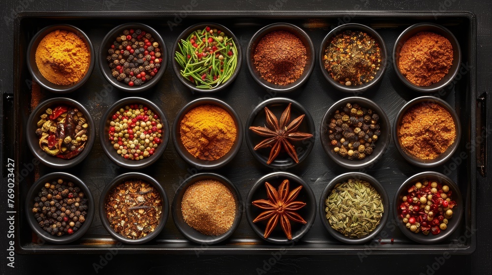 Artistic spice palette with various spices in small bowls for culinary inspiration Artistic spice palette with various spices in small bowls for culinary inspiration