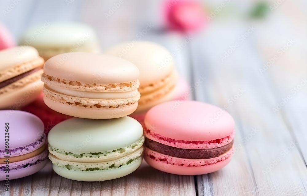 Obraz premium macaroons cookies sweet dessert on white plate on wooden table